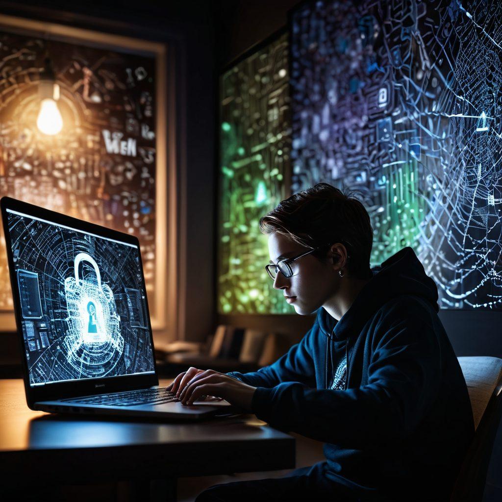 A person sitting at a laptop in a cozy, dimly-lit room, surrounded by abstract digital motifs representing webs of information and hidden identities. Include a glowing screen displaying a complex digital lock, symbolizing web anonymity, while the background features a collage of VPN logos and encrypted symbols. The atmosphere should evoke a sense of empowerment and mystery. super-realistic. vibrant colors. dark background.