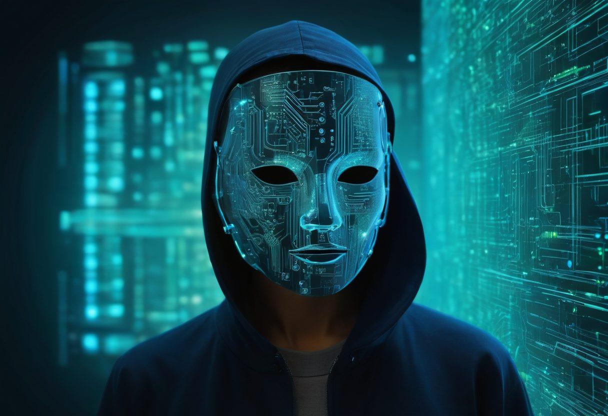 An abstract representation of a digital mask merging with a glowing circuit board background, symbolizing online anonymity. Include subtle silhouettes of users behind screens, showcasing a diverse range of identities. The color palette should be deep blues, silvers, and cyber greens to evoke a sense of mystery and tech-savviness. Emphasize the theme of protection with visual metaphorical elements like a shield or cloak. cyberpunk. vibrant colors.