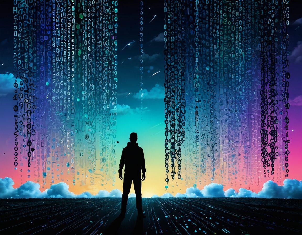 A digital landscape depicting a person breaking free from chains made of binary code, symbolizing Internet privacy liberation. Surround this figure with floating icons of security tools (like locks and shields) and clouds representing data in the background. Use cool tones with splashes of vibrant colors to signify hope and freedom. Incorporate futuristic elements to reflect the digital era. super-realistic. vibrant colors. 3D.